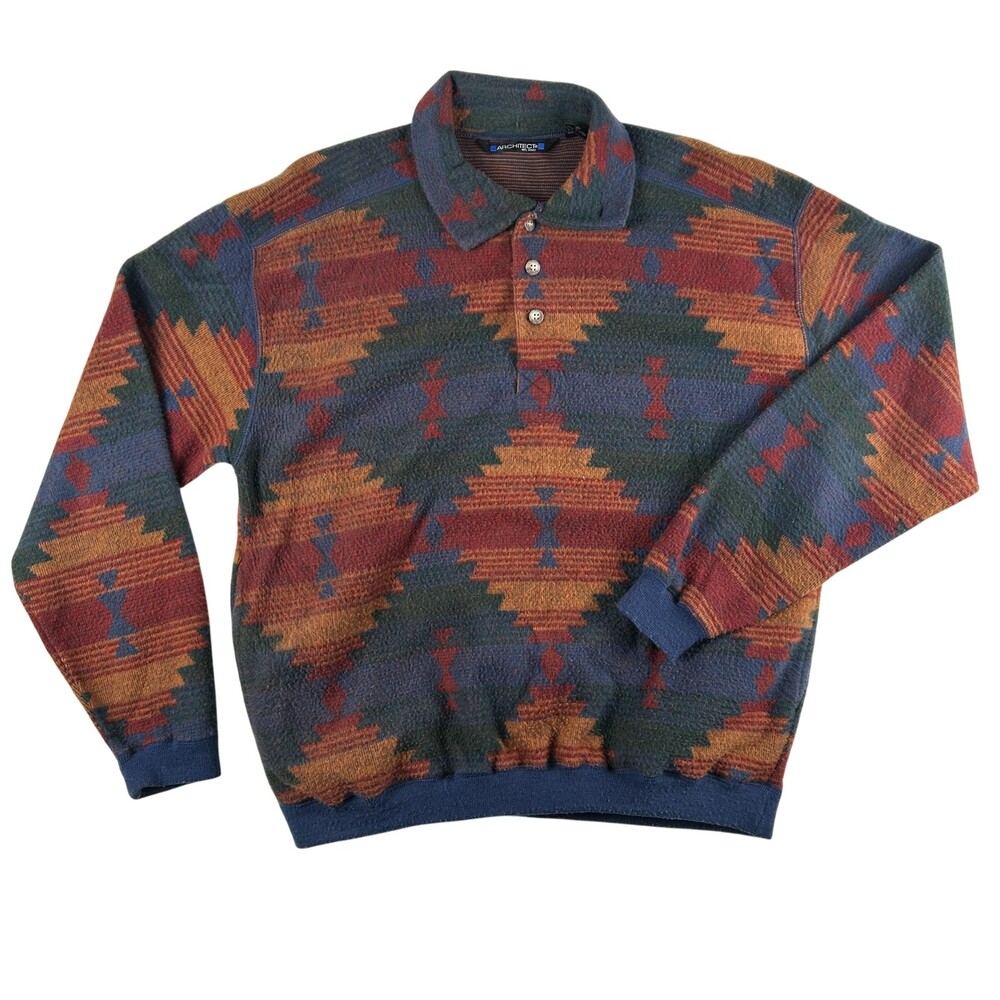 Vintage Architect Sweater Mens Medium Aztec Western Collared Knit Pullover 80s